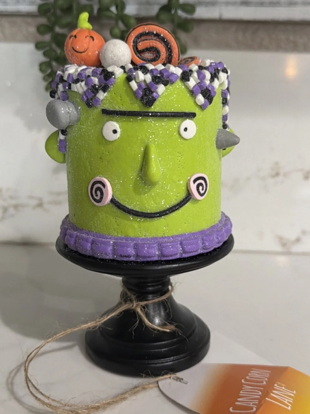 Halloween Candy Corn Lane Glittered Mini FRANKENSTEIN Cake on Stand 6